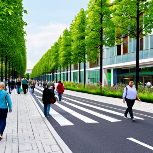 Home 15 A vibrant urban street scene in a modern European city, showcasing intelligent urban planning for noise reduction. The foreground features a serene pedestrianized area with lush green spaces and integrated natural sound barriers like planted mounds and vertical gardens. People of diverse ages, fully clothed in modest, appropriate attire, are enjoying the tranquil atmosphere. Buildings with quiet street-facing designs line the background. Professional photography, high quality, perfect anatomy, correct proportions, natural pose, well-formed hands, proper finger count, natural body proportions, safe for work, appropriate content, family-friendly.