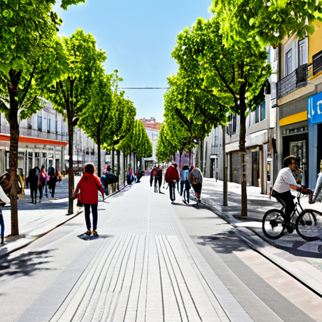 Revitalized Neighborhood Near Metro Station**

"A vibrant street scene in Lisbon, Portugal, near a modern metro station entrance. The buildings are colorful and well-maintained, with shops and cafes bustling with activity. People are walking, cycling, and enjoying the public space. There are trees and green spaces integrated into the urban design. Everyone is fully clothed in appropriate attire. The scene conveys a sense of community and revitalization. Safe for work, appropriate content, professional architecture photography, natural lighting, perfect anatomy, natural proportions, high resolution, family-friendly."

**