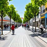 Revitalized Neighborhood Near Metro Station**

"A vibrant street scene in Lisbon, Portugal, near a modern metro station entrance. The buildings are colorful and well-maintained, with shops and cafes bustling with activity. People are walking, cycling, and enjoying the public space. There are trees and green spaces integrated into the urban design. Everyone is fully clothed in appropriate attire. The scene conveys a sense of community and revitalization. Safe for work, appropriate content, professional architecture photography, natural lighting, perfect anatomy, natural proportions, high resolution, family-friendly."

**