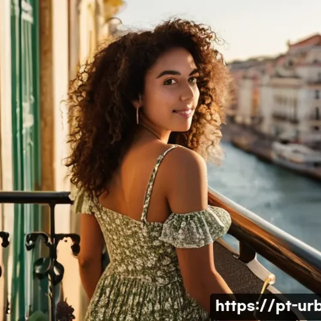 도시 신재생에너지 적용 - **Prompt:** "A cozy Lisbon apartment balcony at sunset. A young woman with warm, olive skin and dark...