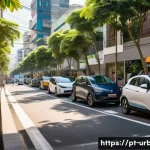 Home 21 스마트모빌리티 개념 - A vibrant urban street scene in a Brazilian city during daytime, showcasing a diverse range of elect...