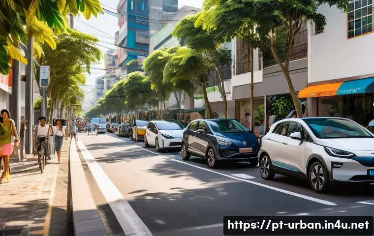 스마트모빌리티 개념 - A vibrant urban street scene in a Brazilian city during daytime, showcasing a diverse range of elect...