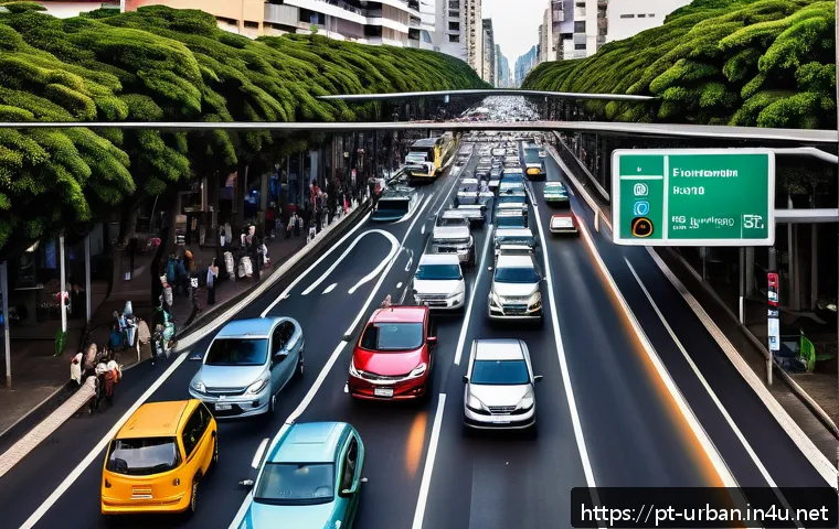 도시 빅데이터 분석 - A bustling urban street scene in São Paulo during rush hour, featuring smart traffic lights dynamica...
