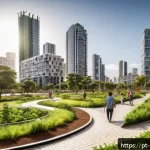 Home 18 도시개발사업 리스크 관리 - A vibrant urban park scene in a modern Brazilian city during late afternoon, featuring extensive gre...