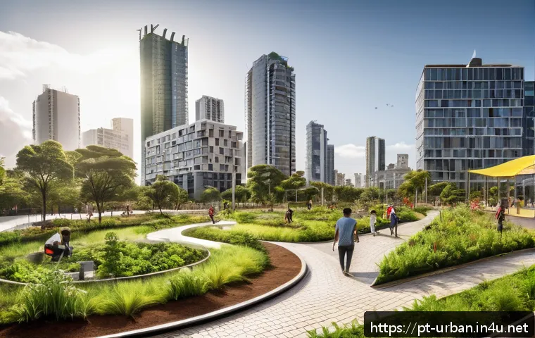 도시개발사업 리스크 관리 - A vibrant urban park scene in a modern Brazilian city during late afternoon, featuring extensive gre...