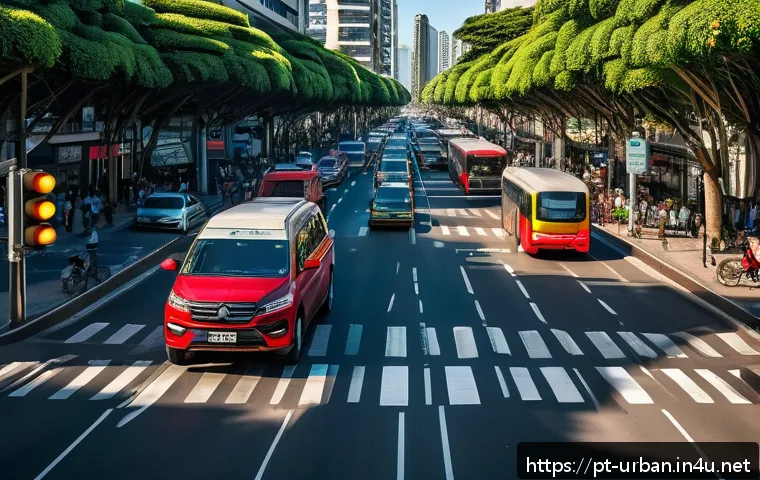 도시 교통체계 개편 사례 - A vibrant urban street scene in São Paulo featuring smart traffic lights with integrated sensors and...